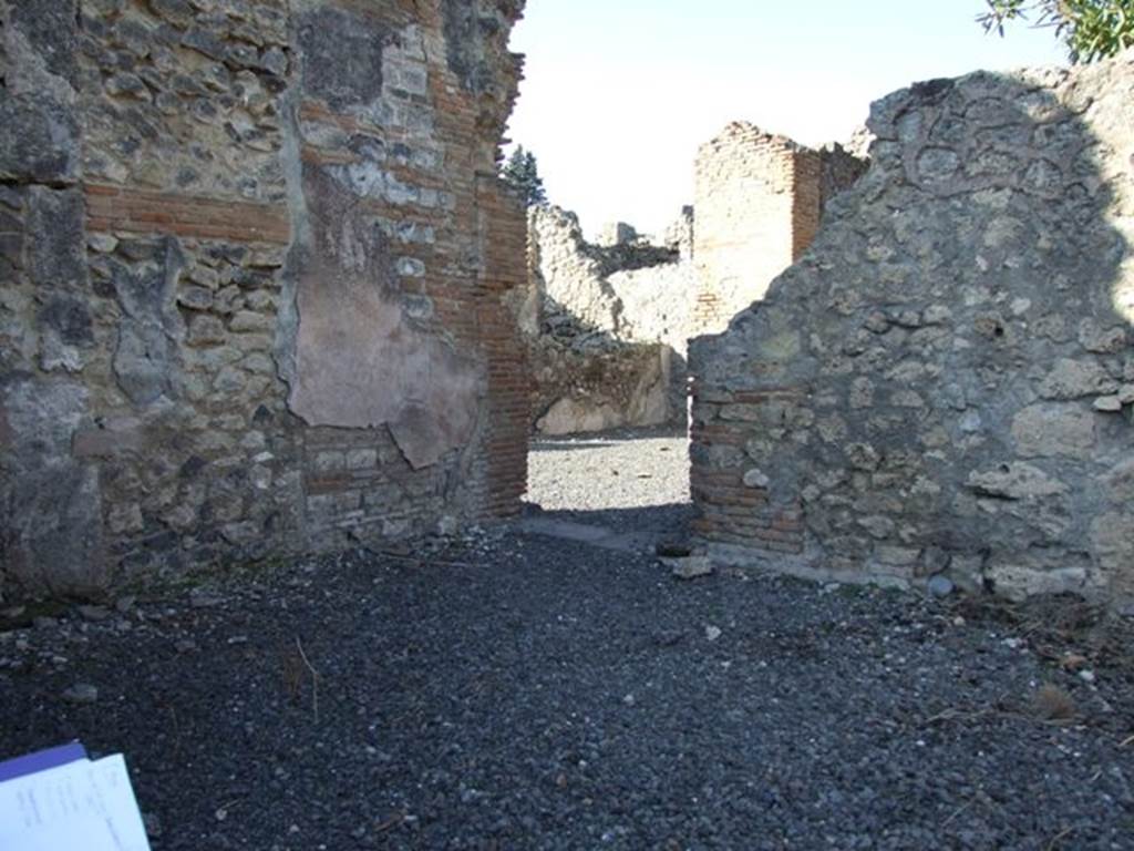 VI.14.5 Pompeii. December 2007. Looking towards doorway to atrium, in north-west corner of triclinium.