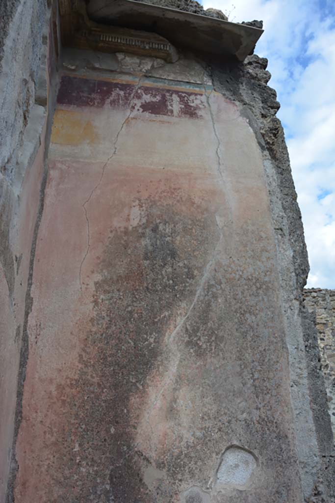 VI.14.12 Pompeii. July 2017. Detail of remaining painted stucco from west wall in south-west corner of atrium.
Foto Annette Haug, ERC Grant 681269 DÉCOR.
According to PPM –
“In the south-west corner of the atrium, the decoration remained in I Style only above the doorway to VI.14.13 in the south wall. 
On the west wall of the atrium it had been restored in III Style, with the middle zone of the wall painted red, a yellow frieze and violet with remains of a human figure.”
See Carratelli, G. P., 1990-2003. Pompei: Pitture e Mosaici. V (5). Roma: Istituto della enciclopedia italiana, (No. 5, p.250-251).

