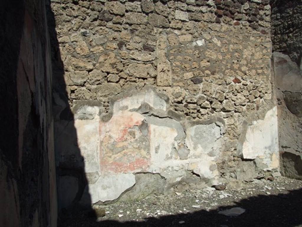 VI.14.20 Pompeii. March 2009. Room 7, north wall.
According to PPM 
On the north wall the black zoccolo with yellow squares was preserved and sections of the middle zone with central aedicula, and red side panels with medallions (35cm diameter) and black (?) in the corners. III Style.
See Carratelli, G. P., 1990-2003. Pompei: Pitture e Mosaici: Vol. V. Roma: Istituto della enciclopedia italiana, p.272, no.12.
