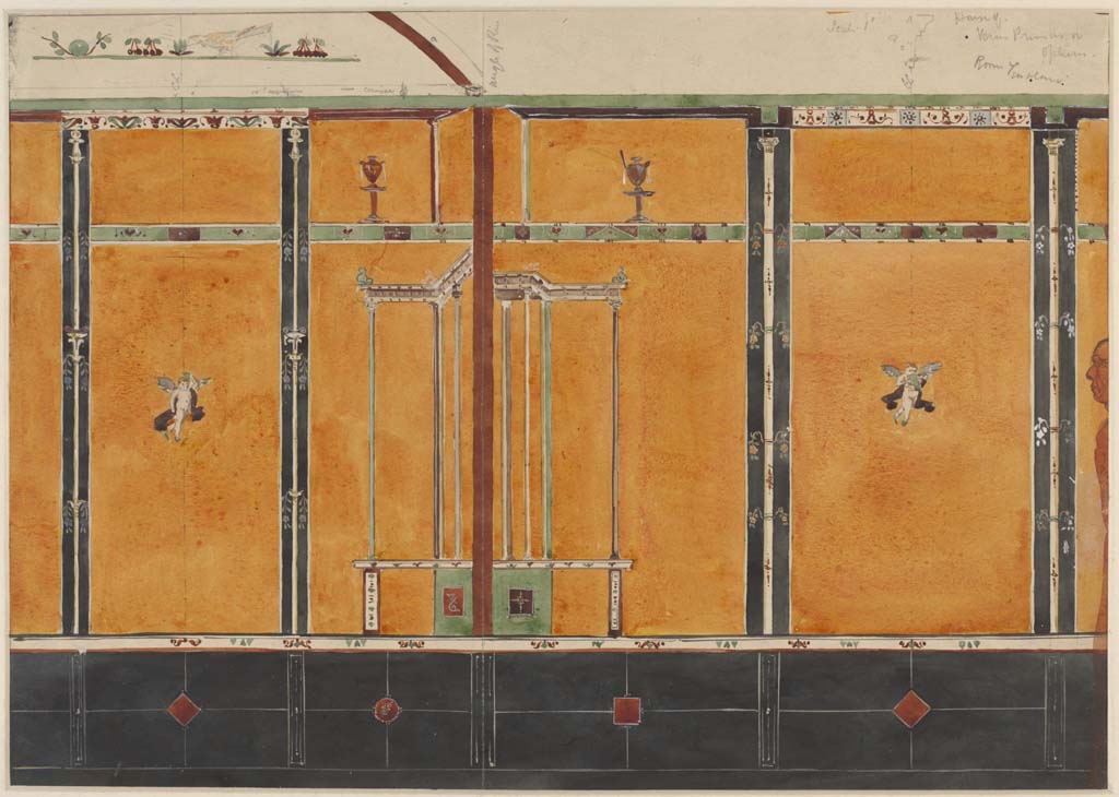 VI.14.20 Pompeii. Undated (c.1870s) painting by Sydney Vacher showing painted decoration on south and west walls of room 13, small room/cubiculum.  
Photo  Victoria and Albert Museum, inventory number E.4412-1910.
