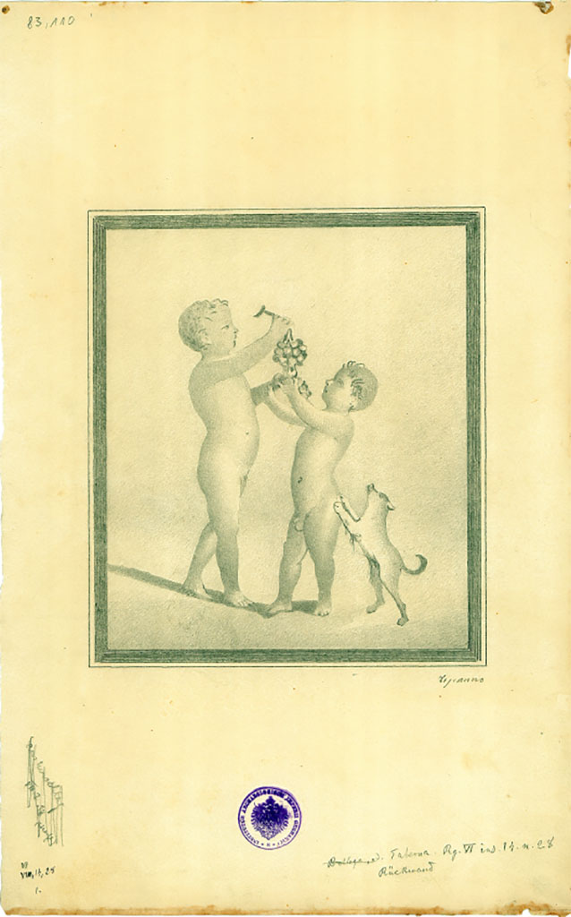 VI.14.28 Pompeii. Drawing by G. Discanno of painting of Mercury and Bacchus from north wall.
DAIR 83.109. Photo © Deutsches Archäologisches Institut, Abteilung Rom, Arkiv. 
According to Kuivalainen, this is a composition of two almost frontal figures. 
On the left stands a youth with his weight on his right foot, leaning idly on a low pillar with his left arm holding a thyrsus; he has green boots and wears a violet cloak falling from the pillar over his left thigh to the ground; his right arm is resting on his head, which is in ¾ profile, and his long curls are adorned with a vine wreath; he is looking at his companion. 
On his right stands the other youth with his weight on his right foot; he wears reddish boots and a green short cloak, and points towards his companion with both his hands, one holding a purse, the other a caduceus; his head is almost in profile, and he looks at his hands; his hair is curly, and he wears a petasus with wings.
Comments: This is the usual couple of a half-naked young Bacchus and Mercury decorating the right side wall of a taberna, which is clearly visible from the street through a wide opening………..
See Kuivalainen, I., 2021. The Portrayal of Pompeian Bacchus. Commentationes Humanarum Litterarum 140. Helsinki: Finnish Society of Sciences and Letters, p. 177, F23.

