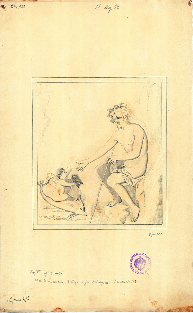 VI.14.28 Pompeii. 1878. Also found were two little boys (or cupids) playing with a puppy and a bunch of grapes, on the west wall. See Presuhn E., 1878. Pompeji: Die Neuesten Ausgrabungen  von 1874 bis 1878. Leipzig: Weigel. (IV, Plate VIII).
See Sogliano, A., 1879. Le pitture murali campane scoverte negli anni 1867-79. Napoli: (p.42, no.181 for description of painting of two cupids, or satyrs)
See BdI, 1876, (p.50), painting of cupids found on rear (west wall), size of painting 0.38 high x 0.32 wide.
There were also flying cupids with all their pleasing attributes, lyre, tambourine, thyrsus, cornucopia, vases or plates for perfumed water, together with Polyphemus receiving Galatea’s letter from cupid, on the south wall.
