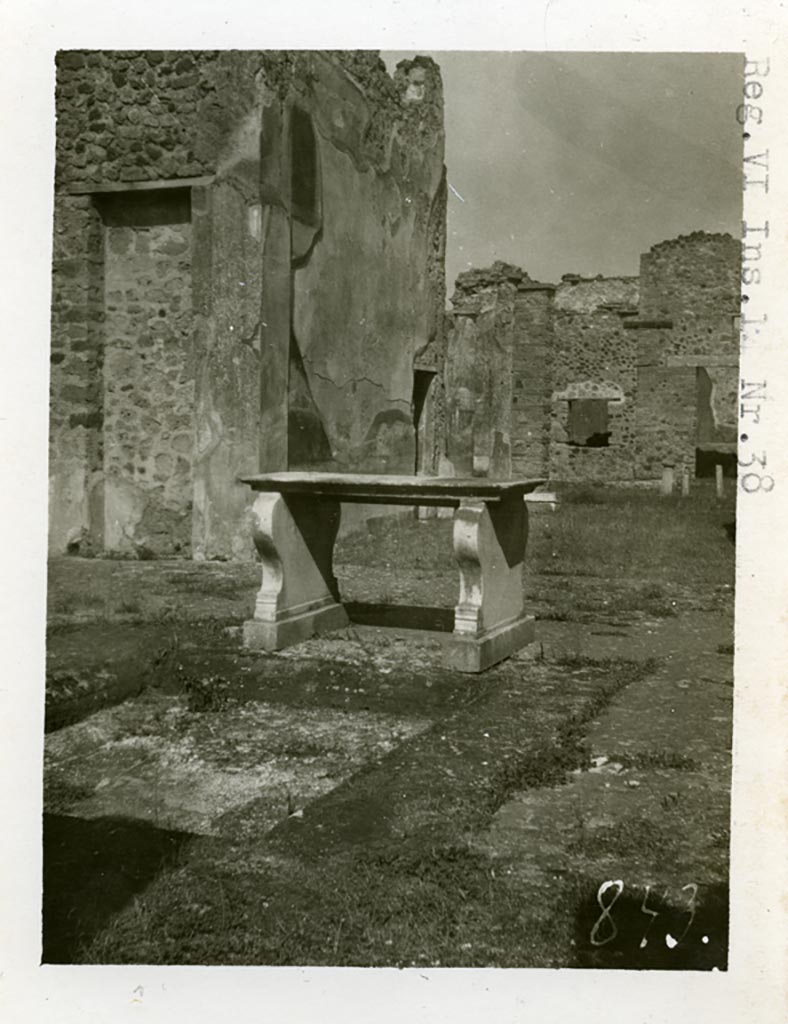 VI.14.38 Pompeii but shown as VI.1?.38 on photo. Pre-1937-39.
Looking north-east across impluvium and marble table in atrium, across tablinum to peristyle area.
Photo courtesy of American Academy in Rome, Photographic Archive. Warsher collection no. 843.
