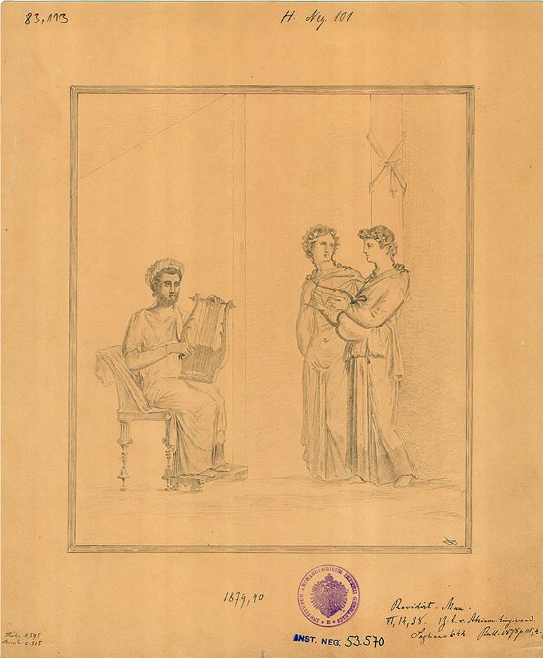 VI.14.38 Pompeii. 1879 drawing of painting of Pindar and Corinna from centre of the south wall of triclinium (e).
DAIR 83.113. Photo © Deutsches Archäologisches Institut, Abteilung Rom, Arkiv. 
