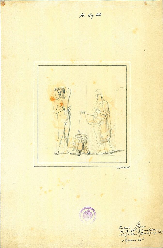 VI.14.38 Pompeii. Drawing by Discanno of wall painting of Theseus receiving the ball of string from Ariadne.
According to Schefold, this was found on the left wall of triclinium to the left of the tablinum, room “L”. 
See Schefold, K., 1957. Die Wände Pompejis. Berlin: De Gruyter. (p.136)
DAIR 83.112. Photo © Deutsches Archäologisches Institut, Abteilung Rom, Arkiv. 
