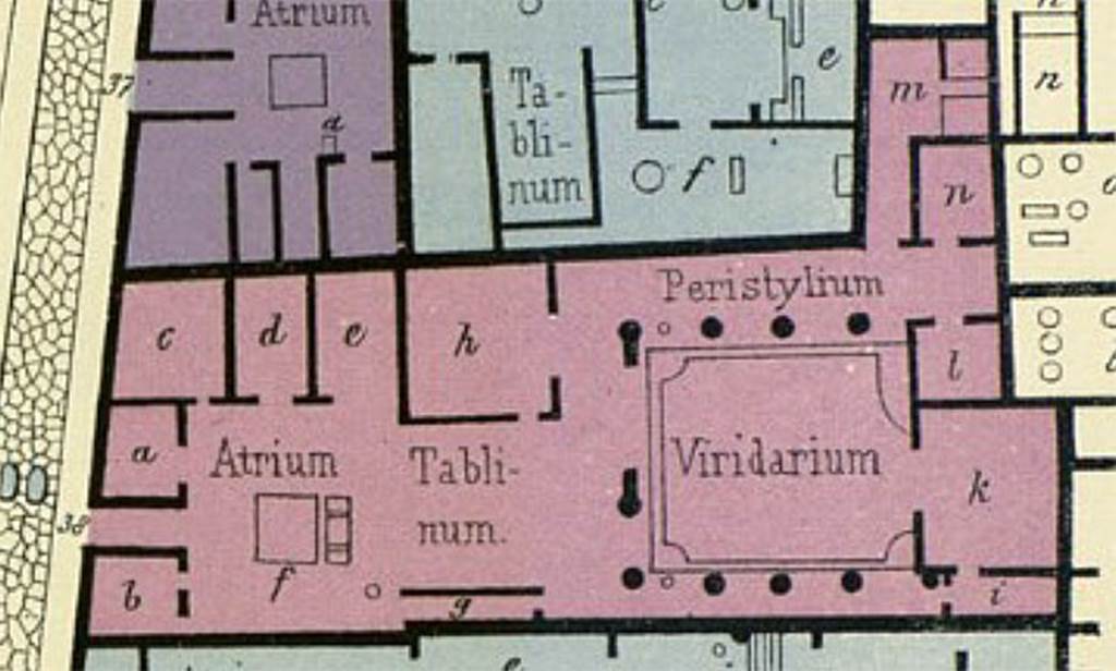VI.14.38 Pompeii. Plan by Emile Presuhn showing entrance at VI.14.38.
See Presuhn E., 1878. Pompeji: Les dernières fouilles de 1874 a 1878. Leipzig: Weigel, Section V, Taf. I.

