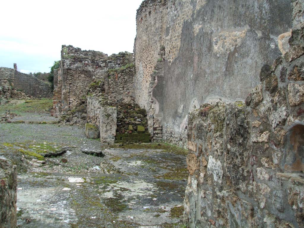 VI.14.39 Pompeii. December 2004. 
Looking east from entrance doorway, across atrium and tablinum, garden area, and exedra at the very rear overlooking the garden. 
According to Garcia y Garcia, the same bomb that damaged the previous house also brought down this one.
It now appears completely ruined.
The dividing wall between VI.14.38 and 39 does not exist anymore.
Of the two staircases, one going up to the first floor, the other going down to the basement, no traces remain.
The IV Style painted plaster also perished. 
See Garcia y Garcia, L., 2006. Danni di guerra a Pompei. Rome: L’Erma di Bretschneider. (p.93-4, incl. photos by Tatiana Warscher).

According to Jashemski, the small garden (approximately the green area on the left of the above photo) had a narrow portico.
This portico on the north was supported by two columns and an engaged column.
The terrace, or loggia, was on the east side. The exedra was at the eastern rear side of the terrace, and overlooked the garden.
Both the terrace and exedra were 0.95m above the garden and could be reached by four steps.
Another set of steps on the left (north) led to a basement area.
Another roof covered the terrace and steps.
There was a terracotta puteal near the two columns in the garden.
Also found near the south wall was a circular basin of grey marble, supported by a cylindrical foot of cipolin.
See Jashemski, W. F., 1993. The Gardens of Pompeii, Volume II: Appendices. New York: Caratzas. (p.151)

