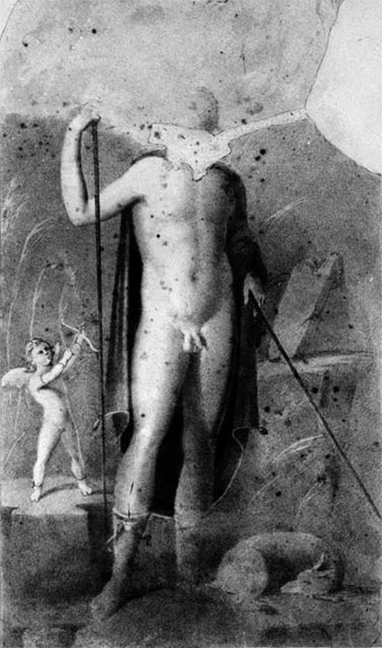 VI.14.39 Pompeii. Exedra. Old undated photograph of painting of Cyparissus being aimed at by cupid. According to Schefold, this was found in room “i”, an exedra.
See Schefold, K., 1962. Vergessenes Pompeji. Bern: Francke. (p.73, Pl. 54, 3)
According to Sogliano, the painting was from exedra “L”.
See Sogliano, A., 1879. Le pitture murali campane scoverte negli anni 1867-79. Napoli: Giannini. (p. 28, no. 110).
According to PPP, the painting was found in the central panel of the north wall of exedra “m”.
See Bragantini, de Vos, Badoni, 1983. Pitture e Pavimenti di Pompei, Parte 2. Rome: ICCD. (p.294).

According to Mau, this was the most important 2nd Style painting found in the house. 
In exedra, room “i”, on both of  the interior entrance areas of the room were paintings of hanging fish, as seen in many examples in Naples Museum. On the left wall in the central panel was a large painting, although it was rather damaged. It showed a young man (Cyparissus), naked other than yellow boots laced up his legs and a cloak of purple covering his back and left arm. In his right hand he held a spear, with another one under his left arm. At his feet lay an animal, perhaps a deer or goat? His painted head was lost. On his left was a cupid, in the act of firing his arrow. See Mau in BdI, 1878, (p.92)
