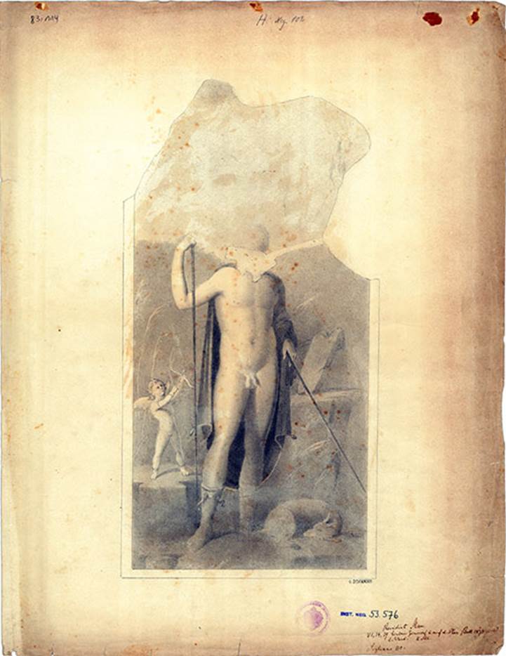 VI.14.39 Pompeii. Exedra. Drawing by G. Discanno of painting of Cyparissus being aimed at by cupid.
DAIR describe it as Drawing: Cupid shoots an arrow at a young hunter.
Rear room. Left wall. Second style.
DAIR 83.114. Photo © Deutsches Archäologisches Institut, Abteilung Rom, Arkiv. 
See http://arachne.uni-koeln.de/item/reproduktion/3315429

