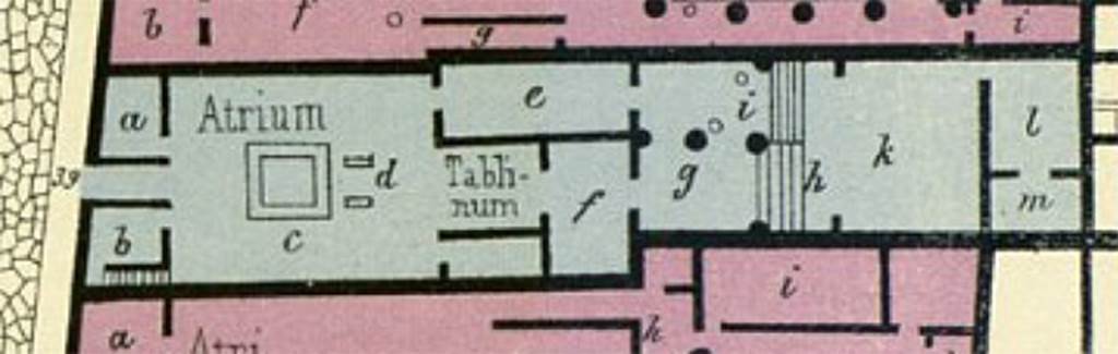 VI.14.39 Pompeii. Plan showing VI.14.39 by Emile Presuhn.
See Presuhn E., 1878. Pompeji: Les dernières fouilles de 1874 a 1878. Leipzig: Weigel, Abtheilung V, Taf. I.


