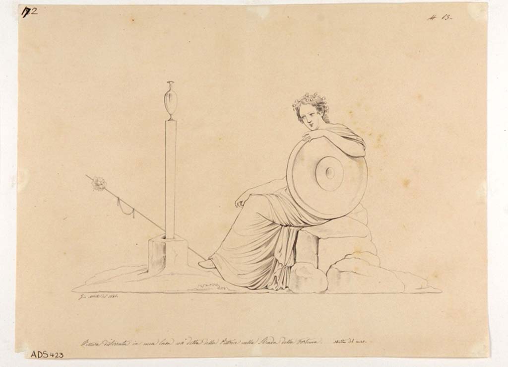 VI.14.42 Pompeii. Drawing by Giuseppe Abbate, 1846, of painting of a sitting Maenad found on south wall of tablinum, but now completely disappeared.
Now in Naples Archaeological Museum. Inventory number ADS 423.
Photo © ICCD. http://www.catalogo.beniculturali.it
Utilizzabili alle condizioni della licenza Attribuzione - Non commerciale - Condividi allo stesso modo 2.5 Italia (CC BY-NC-SA 2.5 IT)
