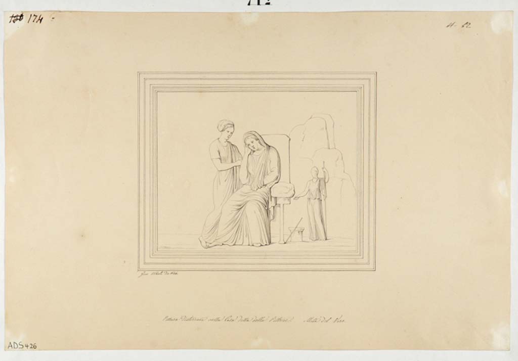VI.14.42 Pompeii. Drawing by Giuseppe Abbate, 1846, of painting found on east wall in cubiculum on south side of tablinum.
Now in Naples Archaeological Museum. Inventory number ADS 426.
Photo © ICCD. http://www.catalogo.beniculturali.it
Utilizzabili alle condizioni della licenza Attribuzione - Non commerciale - Condividi allo stesso modo 2.5 Italia (CC BY-NC-SA 2.5 IT)

