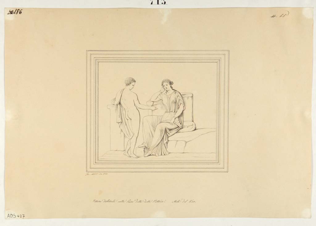 VI.14.42 Pompeii. Drawing by Giuseppe Abbate,1846, of painting found on north wall of cubiculum on south side of tablinum.
A masculine standing figure and female sitting, (Helbig 1392b), perhaps Paris and Helen or Phaedra and Hippolytus.
Now in Naples Archaeological Museum. Inventory number ADS 427.
Photo © ICCD. http://www.catalogo.beniculturali.it
Utilizzabili alle condizioni della licenza Attribuzione - Non commerciale - Condividi allo stesso modo 2.5 Italia (CC BY-NC-SA 2.5 IT)
The original painting is now in Naples Archaeological Museum.
