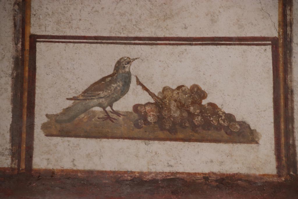 VI.15.1Pompeii. October 2023. 
Cubiculum (d), painted panel from centre of upper east wall above frieze of fish. Photo courtesy of Klaus Heese.

