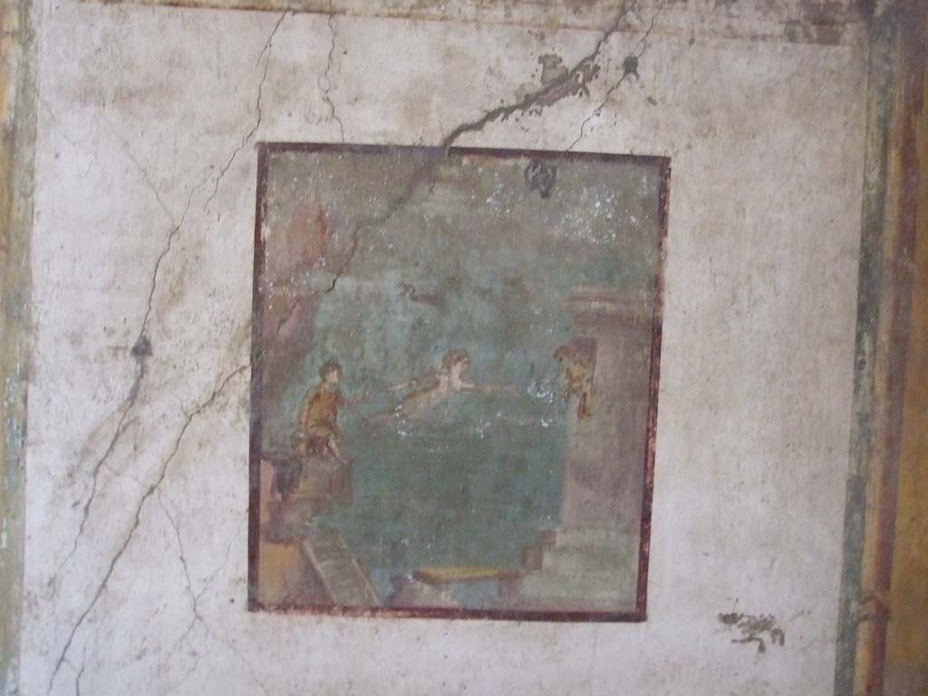 VI.15.1 Pompeii. December 2006. South wall with painting of Leander swimming towards his beloved Hero in her tower.