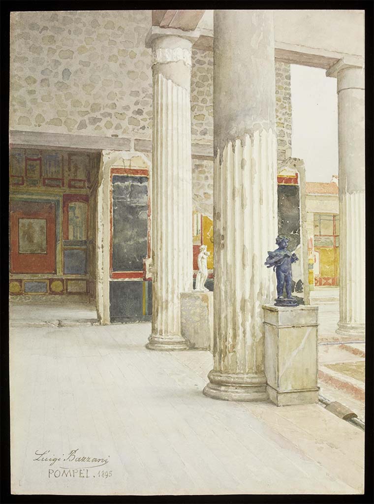 VI.15.1 Pompeii. 1895. Watercolour by Luigi Bazzani.
Looking east along north portico, towards doorway to room in north-east corner.
Photo © Victoria and Albert Museum. Inventory number 8-1898.
