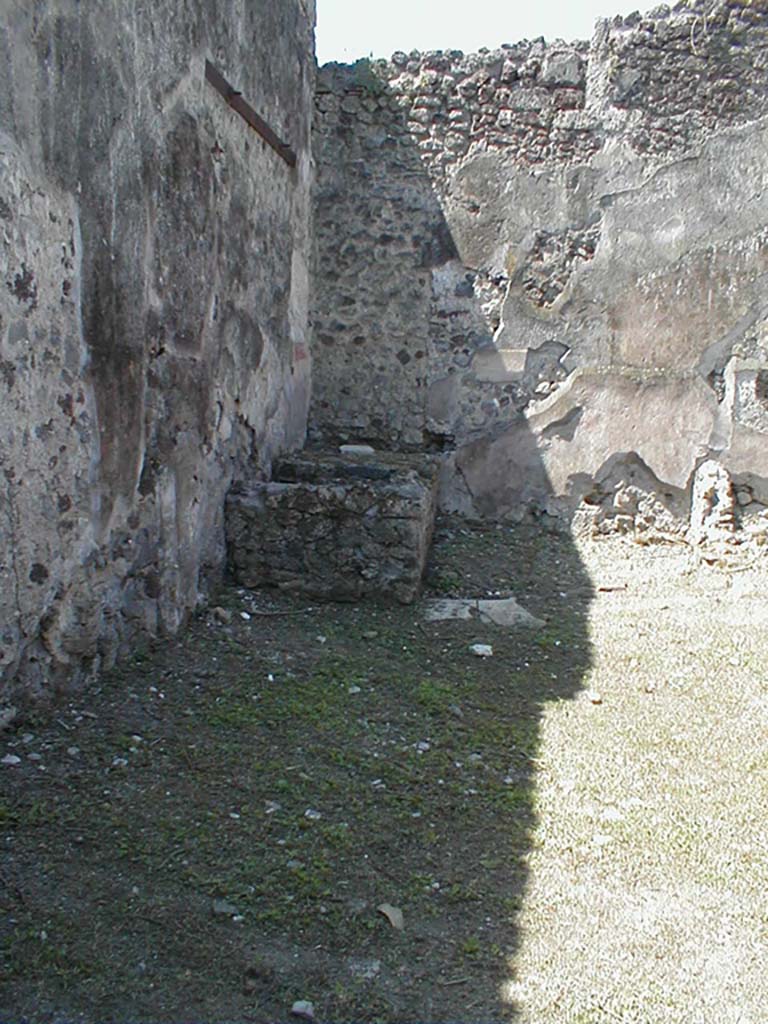 VI.15.3 Pompeii. May 2005. South-west corner of fullonica.
According to NdS, the entrance doorway led into a workshop with walls of coarse plaster and a high dado of brick plaster (mattone pesto).
Near the south wall were three dividing parallel stone walls.
The third (west wall) formed part of a parapet on three sides of a basin.
On the west side of the basin was a cistern in the south-west corner of the room.
According to Flohr, the cistern mentioned by both Mau and Sogliano has been filled up by the Soprintendenza, at some time during the 20th century.
See Rivista di Studi, XVIII, 2007, article by Flohr, M, entitled Cleaning the laundries report of the 2006 season, (p.133-134)
