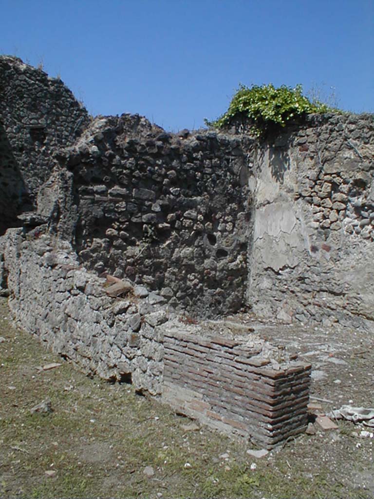 VI.15.3 Pompeii. May 2005. South-west corner of fullonica. According to NdS, the entrance doorway led into a workshop with walls of coarse plaster and a high dado of brick plaster (mattone pesto). Near the south wall were three dividing parallel stone walls. The third (west wall) formed part of a parapet on three sides of a basin. On the west side of the basin was a cistern in the south-west corner of the room. According to Flohr, the cistern mentioned by both Mau and Sogliano has been filled up by the Soprintendenza, at some time during the 20th century.
See Rivista di Studi, XVIII, 2007, article by Flohr, M, entitled Cleaning the laundries report of the 2006 season, (p.133-134)

