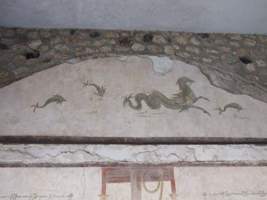 VI.15.8 Pompeii. December 2007. Detail of sea creatures on west wall of tablinum.