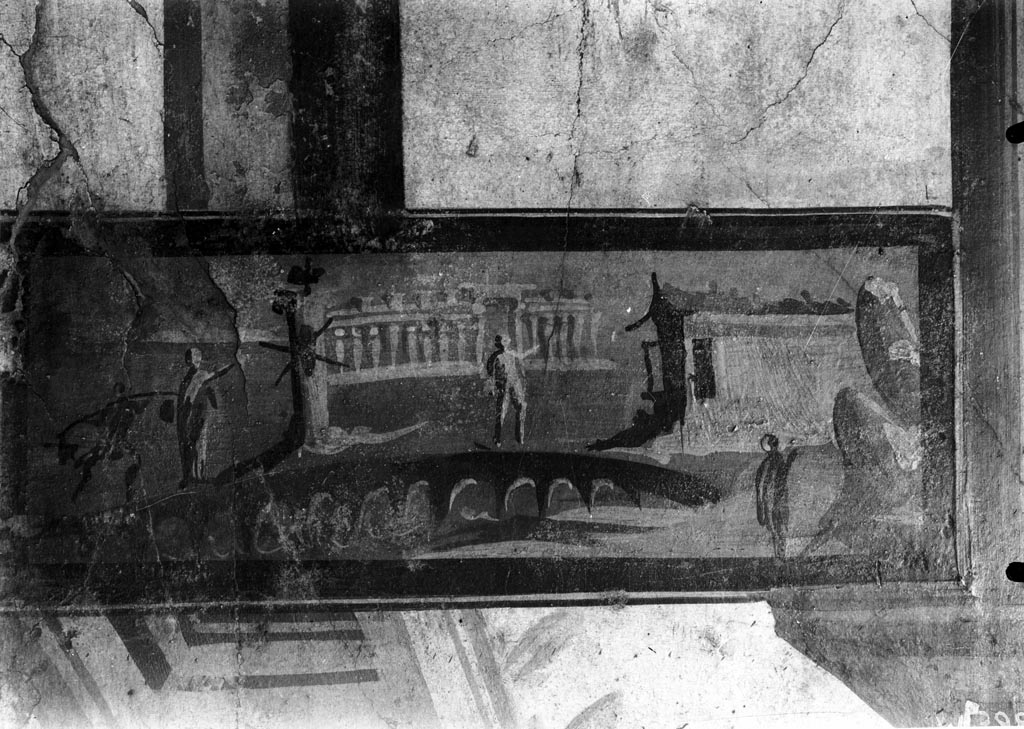 VI.15.8 Pompeii. W.398. Painted panel from east end of south wall, with man on bridge.
Photo by Tatiana Warscher. Photo © Deutsches Archäologisches Institut, Abteilung Rom, Arkiv. 
