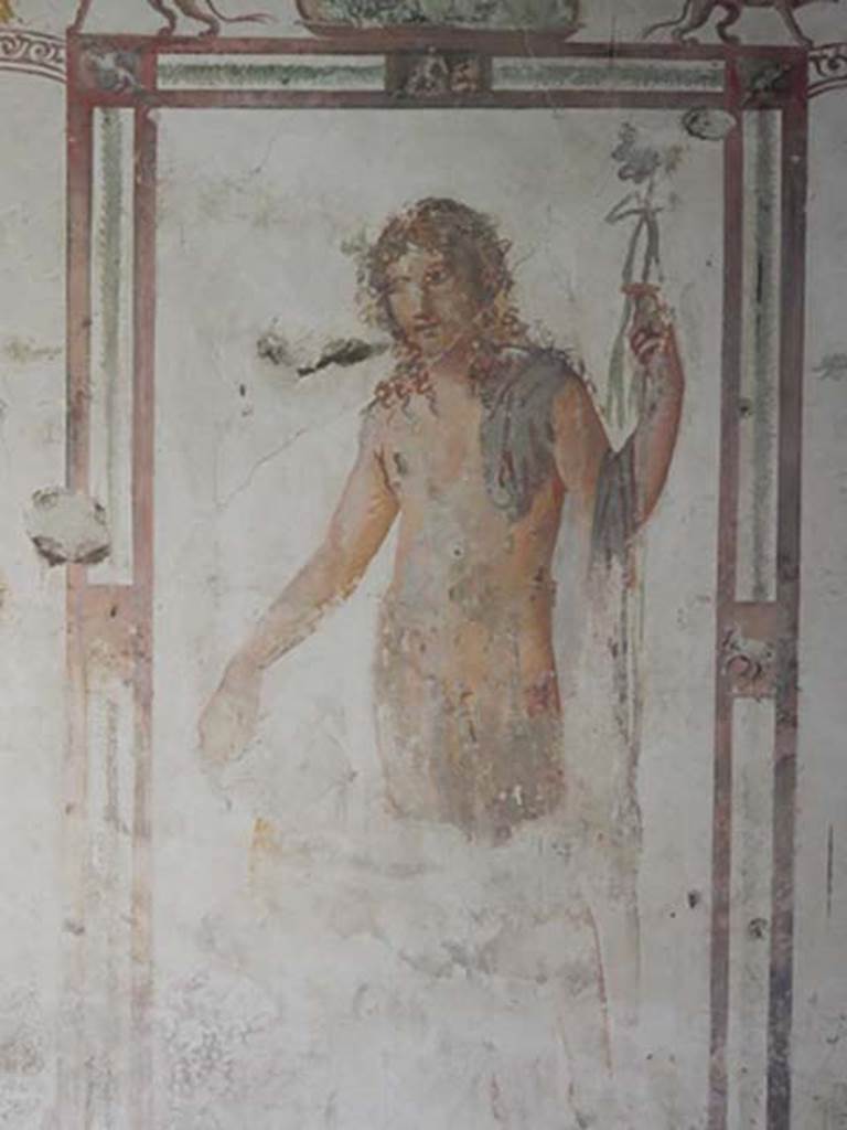 VI.15.8 Pompeii. May 2015. 
Fresco of male figure (Bacchus) from the south wall of the summer triclinium. Photo courtesy of Buzz Ferebee.
Kuivalainen comments –
“A young naked Bacchus with a panther, depicted in exceptionally large size, in the same manner as the Venus on her respective wall. The artist was very talented, and may be the same one (or used the same pattern) as in the House of Iulius Polybius, showing elaborate curls……………………”
See Kuivalainen, I., 2021. The Portrayal of Pompeian Bacchus. Commentationes Humanarum Litterarum 140. Helsinki: Finnish Society of Sciences and Letters, (p.111-12, C9).
