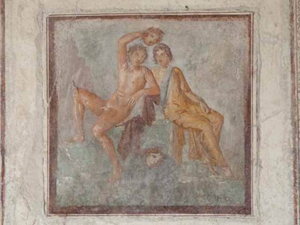 VI.15.8 Pompeii. May 2010. North wall of oecus. Fresco of Perseus and Andromeda.  Perseus holds the severed head of the gorgon Medusa. They are looking at the reflection of the head in the water below them.
