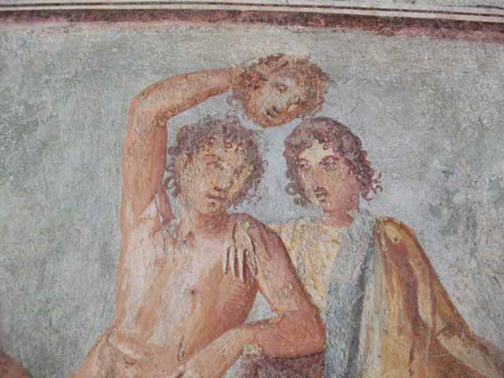 VI.15.8 Pompeii. May 2010. Detail of Perseus holding the severed head of the gorgon Medusa. 