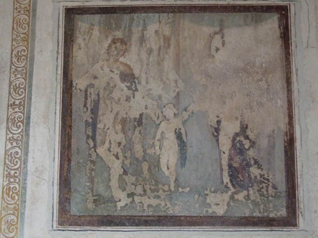 VI.15.8 Pompeii. December 2007.  Remains of fresco of Paris, Eros and Helen on east wall of Oecus.