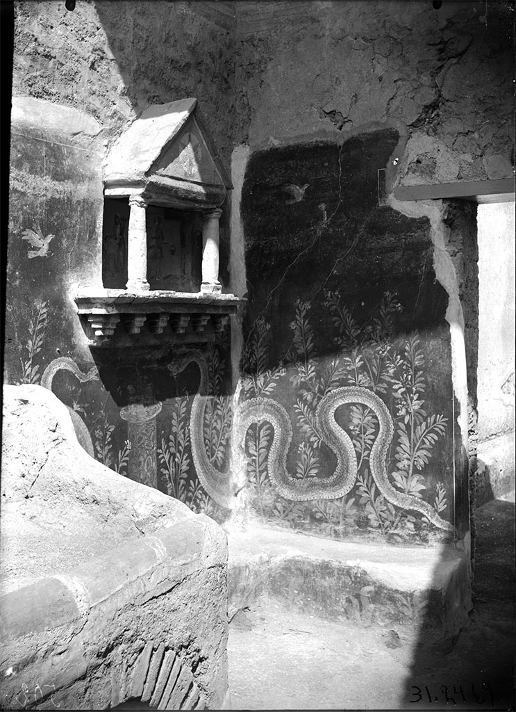 VI.15.23 Pompeii. 1931. Kitchen in south-west corner of peristyle.
Lararium in north-west corner of kitchen, near doorway to south portico, with serpents extending over both the west and north walls.
DAIR 31.2469. Photo © Deutsches Archäologisches Institut, Abteilung Rom, Arkiv. 
See Fröhlich, T., 1991. Lararien und Fassadenbilder in den Vesuvstädten. Mainz: von Zabern. (L73 and Taf. 35,3) 
On the wall on each side of the aedicula was painted a garland and a flying bird.
Two large yellow serpents were painted on the wall beneath the aedicula and extended over onto the north wall on the one side.
On the other side, extending to the adjacent side of the hearth.  
The serpent on the right had the larger body, a crest and a beard, the one on the left was smaller with no crest or beard.
They were on either side of a cylindrical altar painted in imitation of yellow marble beneath the aedicula.
The altar was furnished with two eggs and fruit.
See Boyce G. K., 1937. Corpus of the Lararia of Pompeii. Rome: MAAR 14.  (p.56, no.219, and Pl.15, 1 and 2)

