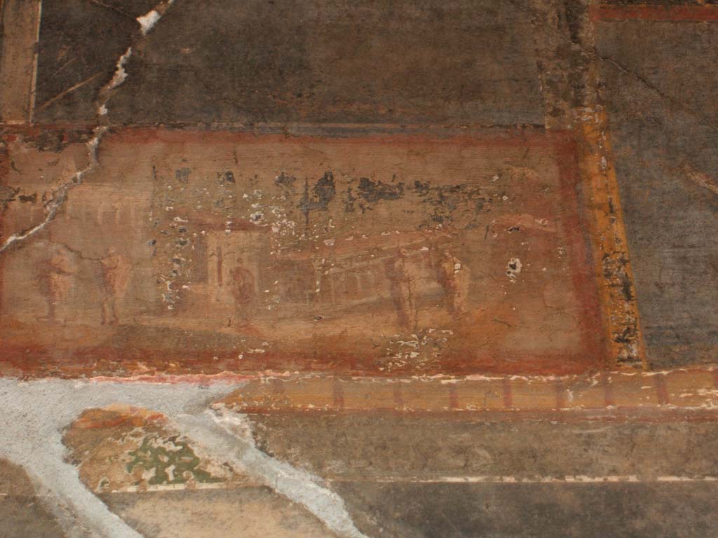 VI.16.7 Pompeii. May 2006. Upper west wall of room F, west portico. 
Wall painting of landscape with worshippers at a temple and a sacred grove, from above doorway to room Q.
