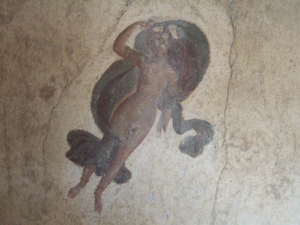 VI.16.7 Pompeii. May 2006. Room Q, painted flying figure on west wall at south end.