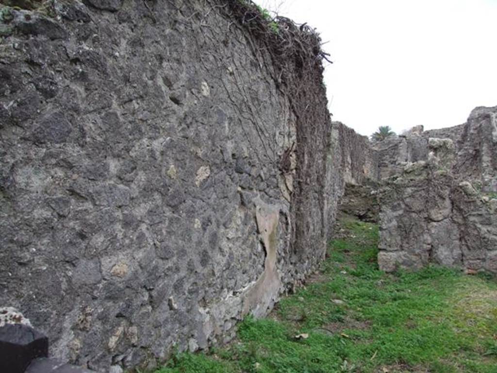 VI.16.11 Pompeii. December 2007. South wall and corridor leading to rear. According to Liselotte Eschebach, on the left, this wall used to have a base for a staircase to the upper floor against it.   See Eschebach, L., 1993. Gebudeverzeichnis und Stadtplan der antiken Stadt Pompeji. Kln: Bhlau. (p.227). According to NdS, beside the south wall at the entrance doorway to the shop was an independent staircase accessed from a step and with a lava threshold from the street. This led to the above rooms. See Notizie degli Scavi di Antichit, 1908, p. 58.