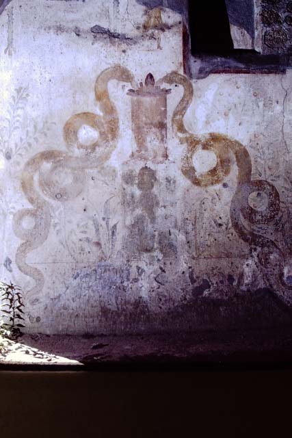 VI.16.15 Pompeii. December 2006. Niche of lararium on north wall of atrium, with remains of painting. According to Boyce, on the rear wall was painted the figure of the Genius. Hanging down on each side of him was a garland, on the side walls were painted red flowers with green leaves.
