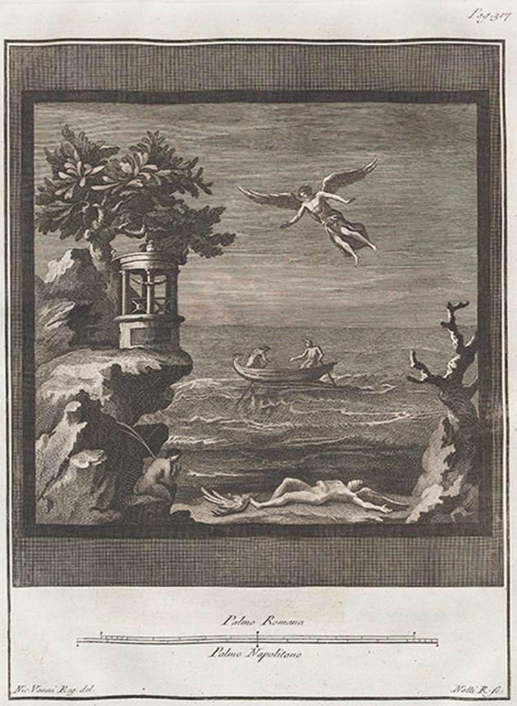 VI.17.9-10 Pompeii or Herculaneum? Drawing of a painting of Daedalus and Icarus (9506).
See Le Pitture Antiche d’Ercolano, Tome IV, Naples (1765), pl.63, p.315-7.
