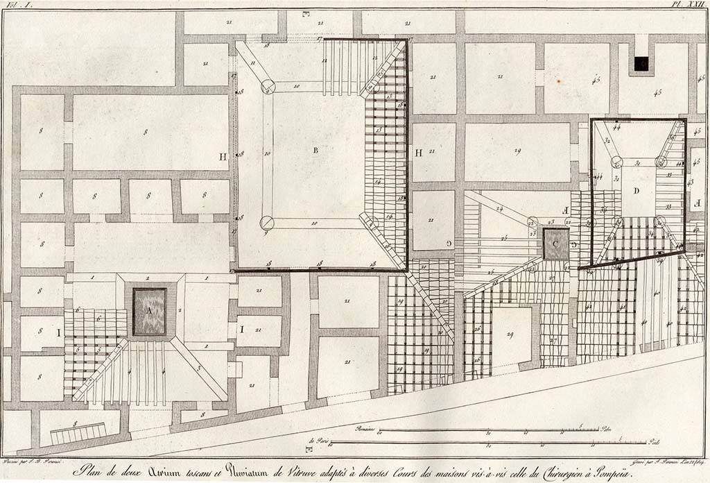 VI.17.10 and 9, Pompeii. Pre-1804. 
Drawing by Piranesi of –
plan of atrium area, on left, linked to corridor leading to courtyard and rooms of VI.17.9, in house opposite the House of the Surgeon.
See Piranesi, F, 1804. Antiquités de la Grande Grèce : Tome I. Paris : Piranesi and Le Blanc. Vol. I, pl. XXII.
