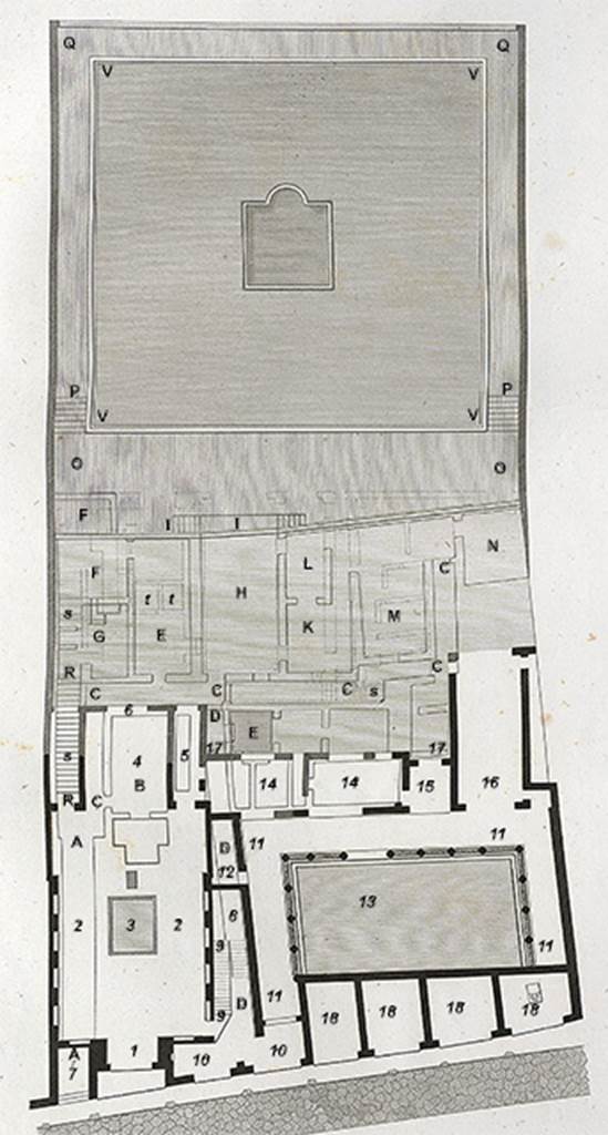 VI.17.23 Pompeii. Plan showing from left to right entrances VI.17.26, 25, 24, 23, 22, 21, 20, 19. 
See also VI.17.25 for description of rooms according to Mazois.
See Mazois, F., 1824. Les Ruines de Pompei: Second Partie. Paris: Firmin Didot. (p. 72, Pl. XXX)

According to CTP, Mazois and Overbeck-Mau wrongly showed a doorway directly onto the street at VI.17.23 on the above plan.
See Van der Poel, H. B., 1981. Corpus Topographicum Pompeianum, Part V. Austin: University of Texas. (p.307, note 1).

According to Jashemski, this large house with three floors adapted its plan to the terrain of the volcanic ledge it was built on.
The peristyle garden to the north of the atrium was on the street level.
This garden was enclosed by a portico on the south, west and north, supported by 14 columns and 2 engaged columns.
A large triclinium opened off the west portico and had a view of the garden.
See Jashemski, W. F., 1993. The Gardens of Pompeii, Volume II: Appendices. New York: Caratzas. (p.165, and plan)
 
The large peristyle garden on the lowest level was surrounded by a portico supported by 40 pillars.  
According to Mazois, the portico was enclosed with glass windows.  
In the middle of the garden there was a rectangular pool with a semicircular projection on the west.  
