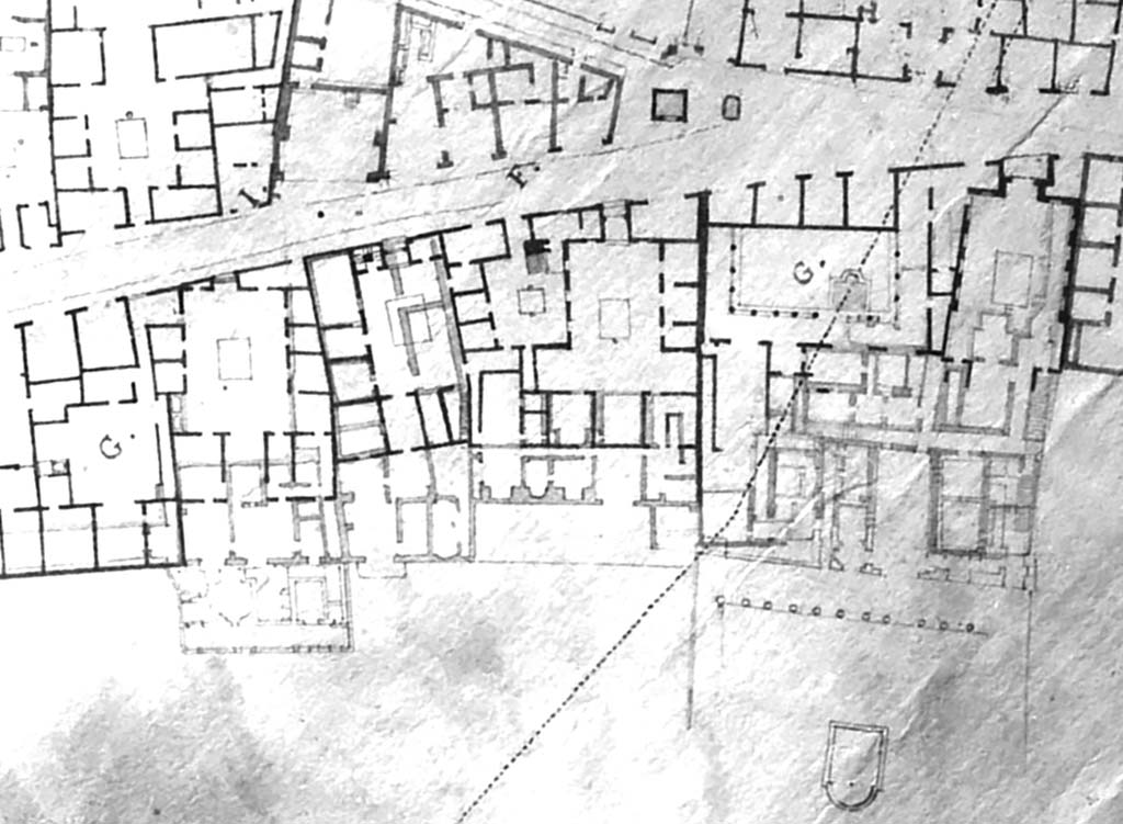 VI.17.9, on left with letter G, then 10, followed by 13, then 16-17, and 23 peristyle with letter G, and 25, on right.
Part of a plan by Francesco La Vega c.1800-1810. Now in Naples Museum.
DAIR 76.1262. Photo  Deutsches Archologisches Institut, Abteilung Rom, Arkiv.
