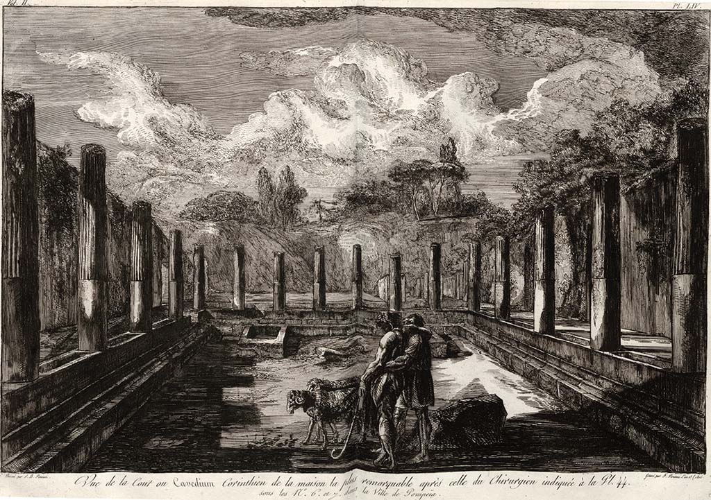 VI.17.23 Pompeii. c.1805. Drawing by Piranesi. Looking west across peristyle at street level.
According to Jashemski, above, this peristyle would have had a portico supported by 14 columns and 2 engaged columns.
See Piranesi, F, 1804. Antiquités de la Grande Grèce : Tome II. Paris : Piranesi and Le Blanc, (Vol. II, Pl. LIV).
