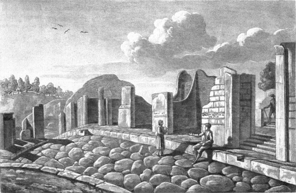 VI.17.32 Pompeii. 1819 drawing with title “Maison de Julius Polybius”. 
VI.17.32 is on the right, with the indentation in the kerb, and the steps up.
VI.17.36 is on the left of the drawing with the step with the indentation in front of the kerb.
See Wilkins H, 1819. Suite des Vues Pittoresques des Ruines de Pompei, Rome, pl. XII.
