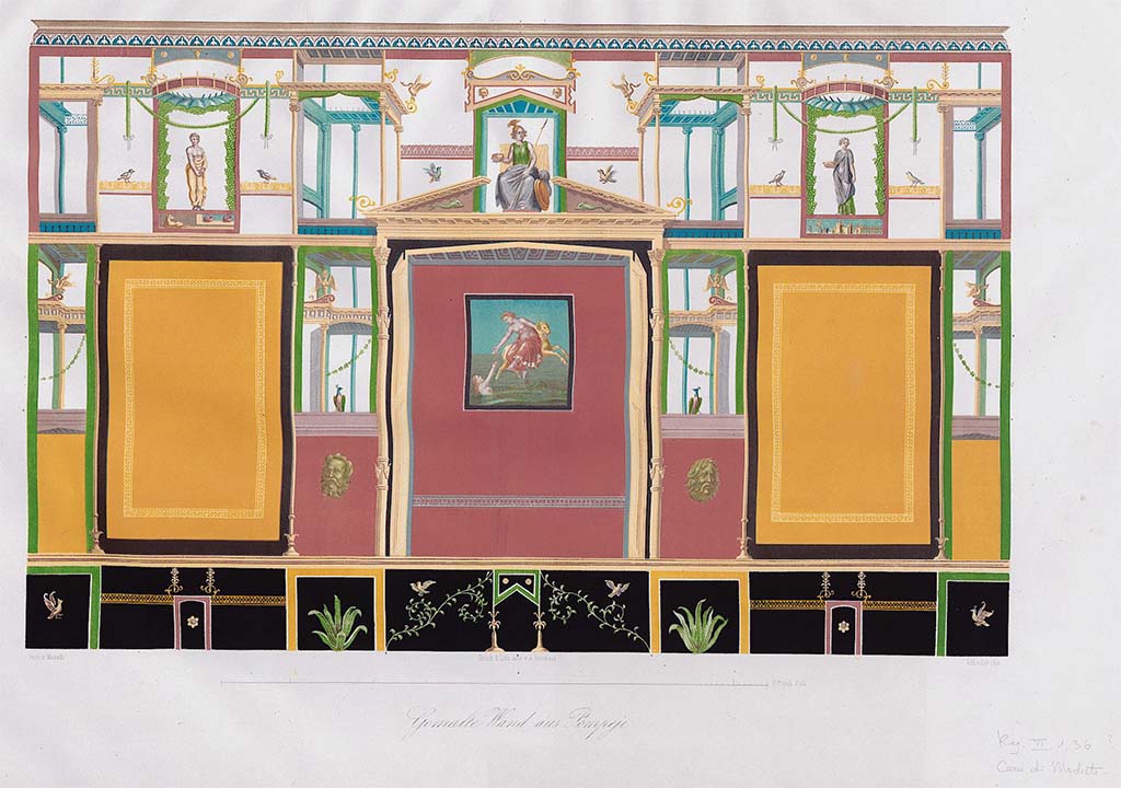 VI.17.36 or VI.17.25, Pompeii. 
Painting by Francesco Morelli, 1810, showing the long wall of a room protruding onto a peristyle.
Now in Naples Archaeological Museum. Inventory number ADS 435.
Photo © ICCD. http://www.catalogo.beniculturali.it
Utilizzabili alle condizioni della licenza Attribuzione - Non commerciale - Condividi allo stesso modo 2.5 Italia (CC BY-NC-SA 2.5 IT)
According to Sampaolo, this painting is identified as being from Masseria Cuomo with the painting of Phrixus and Helle in the centre.
However, she wrote that in 1810 Morelli could not have reproduced the entire wall faithfully with all its paintings, as it had already been detached.
See Sampaolo, V. In Carratelli, G., 2003. Pompei: la documentazione nell’opera di disegnatori e pittori dei secoli XVIII e XIX.  (Roma: Treccani), (p.99)
