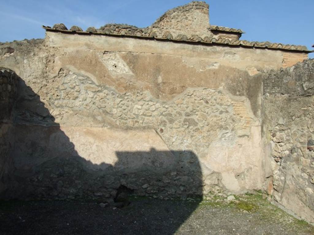 VII.1.7 Pompeii. December 2007. North wall. The site of the stairs to upper floor can be seen in the line on the plaster. The stone base would have been towards the east end, where there can be seen a stone and patch of green. At the side of the stone base would have been the latrine. A downpipe can just be seen in the north-east corner. 

