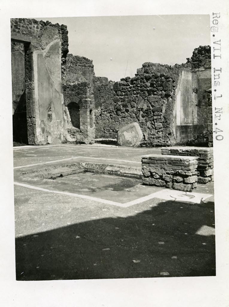 VII.1.40 Pompeii. c.1930. Looking north along entrance corridor mosaic towards doorway.
See Blake, M., (1930). The pavements of the Roman Buildings of the Republic and Early Empire. Rome, MAAR, 8, (p, 76, 85,106, & 121, & Pl.26, tav 2).
