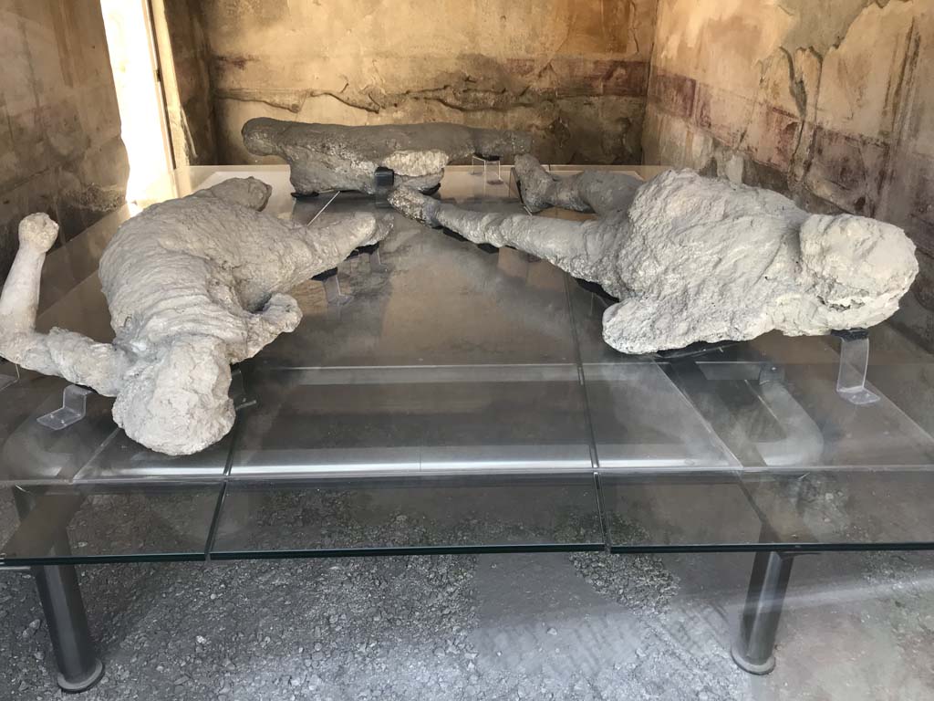 VII.1.47 Pompeii. April 2019.
Plaster casts on display in triclinium 8, these were found in the Vicolo degli Scheletri, and not in this house.
Photo courtesy of Rick Bauer.
