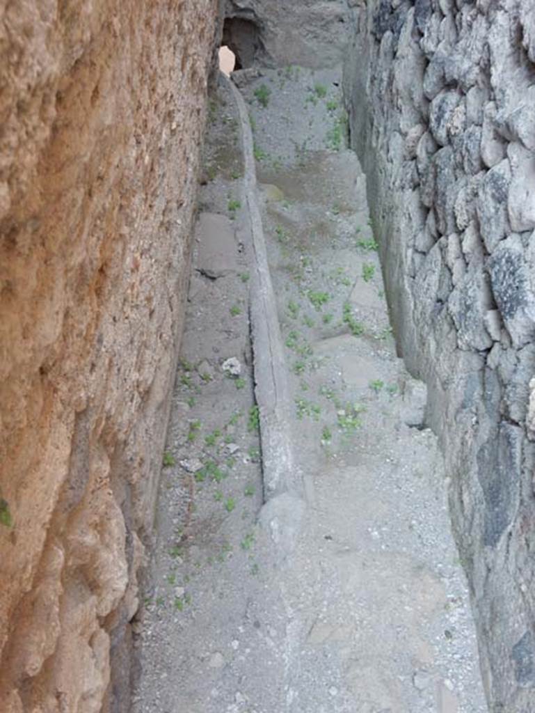VII.1.47 Pompeii. May 2017. Other end of lead pipe behind low wall of room 21, probably part of VI.1.17.
A similar pipe can be seen on the floor of the corridor from the Stabian Baths entrance at VII.1.17.
The World of Pompeii CD plan of Pompeii shows this L shaped area as blocked off at the ends and not connected to either VII.1.47 or VII.18/17.
The PPM plan shows the L shaped area as connected to VII.1.17 and room 20 of VII.1.47.
Photo courtesy of Buzz Ferebee.

