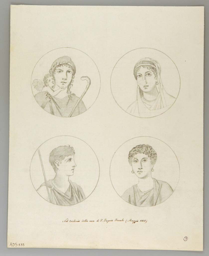 VII.2.6 Pompeii. Drawing (May 1868) by anonymous painter of four medallions, (now disappeared), from triclinium in north-west corner of atrium.
These are the same as above drawings by La Volpe, which are attributed to the corridor, on the south side of the same triclinium.
Now in Naples Archaeological Museum. Inventory number ADS 533.
Photo © ICCD. http://www.catalogo.beniculturali.it
Utilizzabili alle condizioni della licenza Attribuzione - Non commerciale - Condividi allo stesso modo 2.5 Italia (CC BY-NC-SA 2.5 IT)
