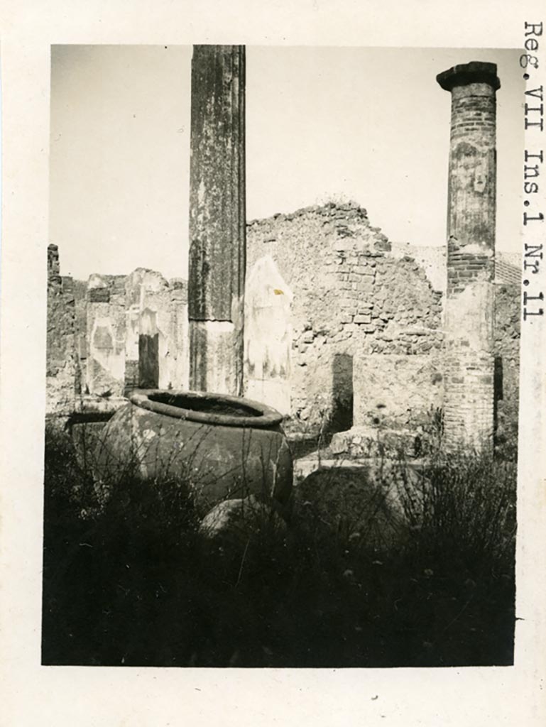 VII.II.11 Pompeii but shown as VII.I.11 on photo. Pre-1937-39. 
Looking east from peristyle towards south wall of wide vestibule, and across Via Stabiana towards doorway of IX.3.2.
Photo courtesy of American Academy in Rome, Photographic Archive. Warsher collection no. 469.
