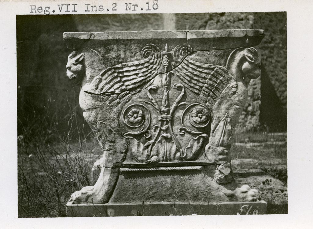 VII.2.18 Pompeii. Pre-1937-39. Room 1, atrium. East side of marble table legs of winged panthers.  
Photo courtesy of American Academy in Rome, Photographic Archive. Warsher collection no. 516.

