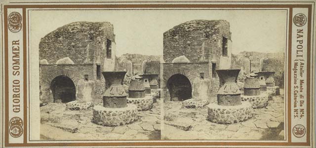 VII.2.22 Pompeii. Old undated photograph by Amodio, numbered 2997 in an album dated c.1873. Looking east across bakery. Photo courtesy of Rick Bauer.
