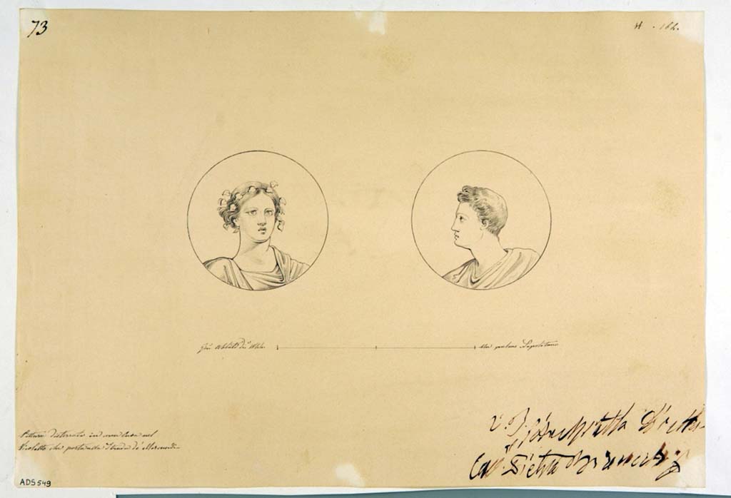 VII.2.25 Pompeii. Drawing by Giuseppe Abbate, 1844, of two medallions found in the oecus.
There is only one small trace now of one of the medallions on a yellow background in the middle zone of the west wall.
According to Abbate, the female head is crowned with ivy and turning to the right, the male head turns to the left.
Now in Naples Archaeological Museum. Inventory number ADS 549.
Photo © ICCD. http://www.catalogo.beniculturali.it
Utilizzabili alle condizioni della licenza Attribuzione - Non commerciale - Condividi allo stesso modo 2.5 Italia (CC BY-NC-SA 2.5 IT)
