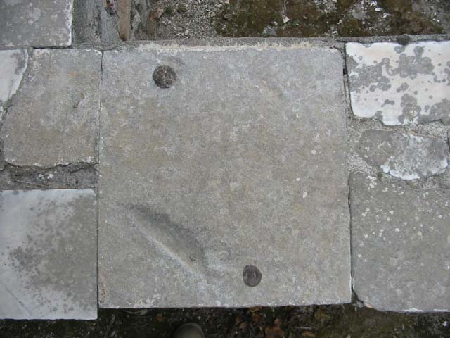 VII.2.32 Pompeii. May 2003. Detail of stone slab on the north side of the counter. Photo courtesy of Nicolas Monteix.
